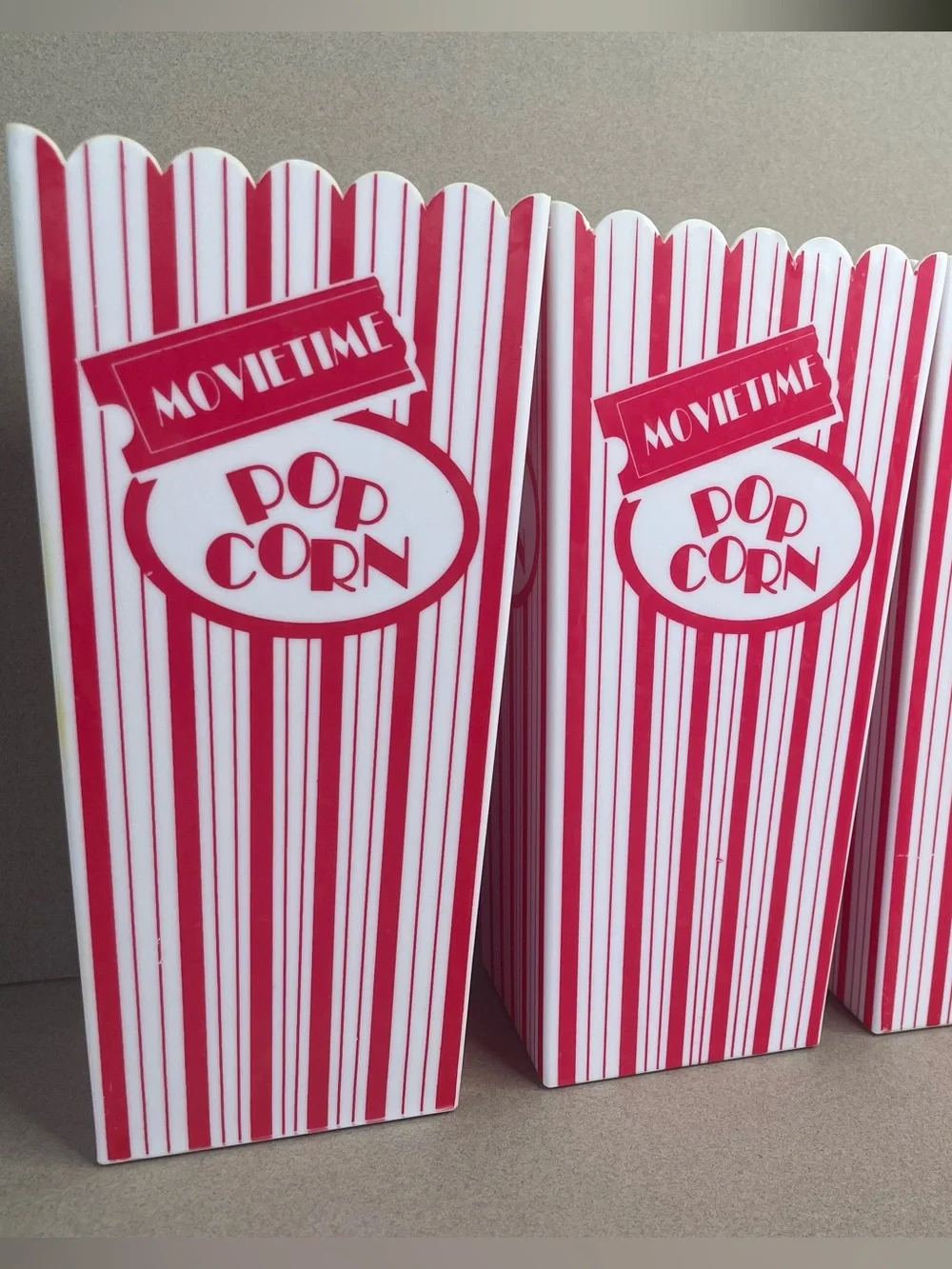 Set of 4 Movie Time Popcorn Buckets Vintage Plastic Tubs Striped Home Theater